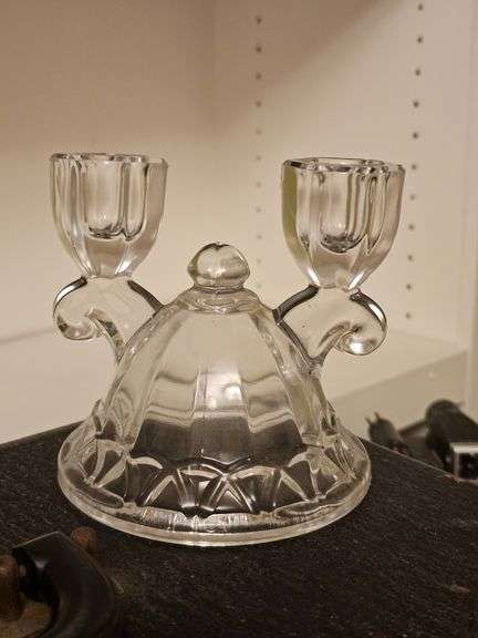 Two vintage Imperial Glass double light candlestick holder in the "Crocheted Crystal" pattern.