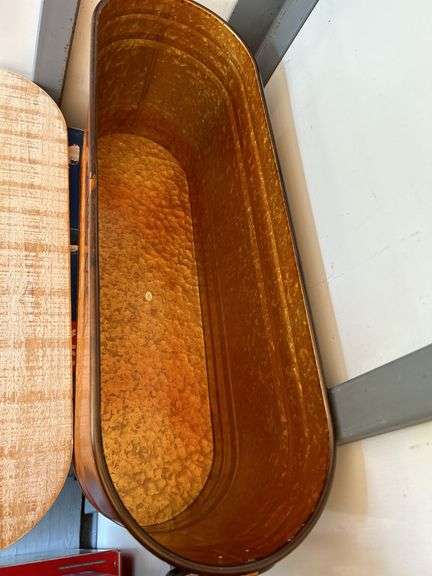 Oblong Galvanized Copper Color Ice/Drink Pail was the wooden lid…27-1/4 x 9 x 10-1/2 tall