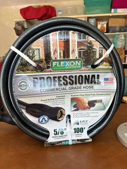 Selection of NEW 5/8” inside diameter 100’ professional grade water hose and (2) sprinklers