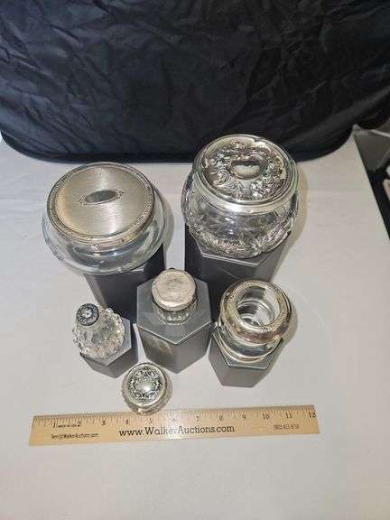 Collection of vintage glass containers w/Sterling lids or rims...