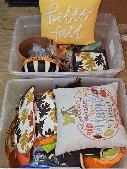 Two tubs of fall decor.