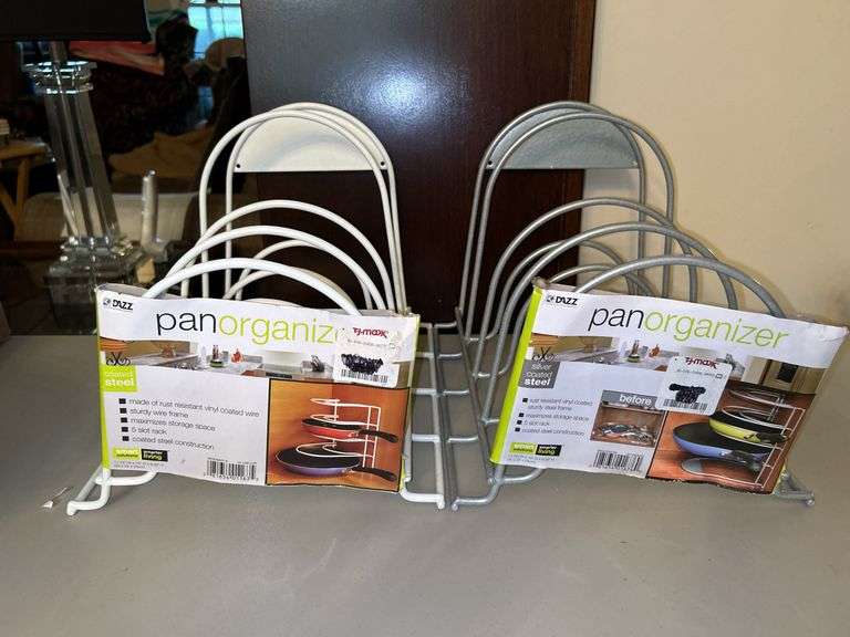 (2) Brand New Cabinet Pan Organizers, (2) NEW Threshold Lid Organizers, NEW in-drawer  flatware organizer and (2) NEW Packs of 3 Slotted Interlocking Drawer Organizers (please see all pics as other organizers were added)