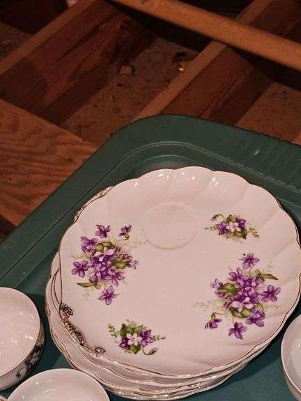 Vintage hand painted Sweet Violets snack set. 8 plates and 6 cups.