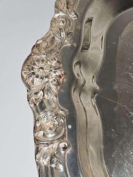 Lovely silver plate footed tray. Engraving on underside as shown. 16.5 x 1.5 in tall.