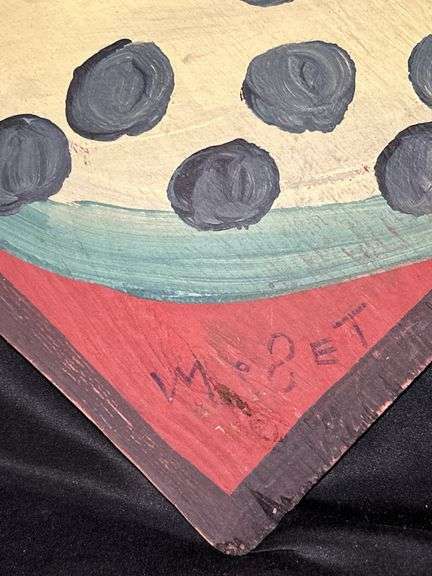Original signed Mose T yellow meat watermelon Folk Art with signature soda can tab hanger…..18 x 9-1/4