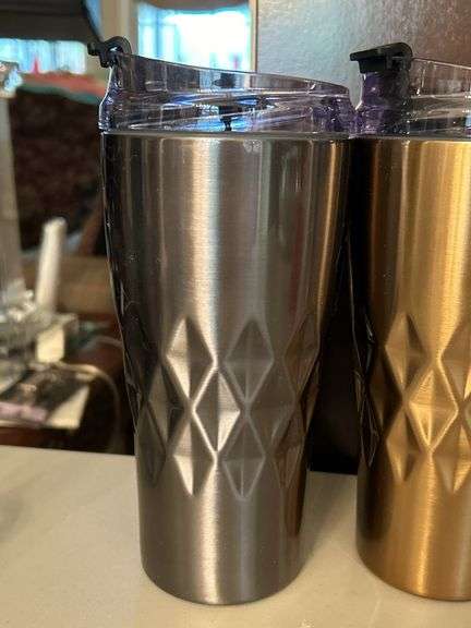 Selection of insulated drink containers and (1) glass sports bottle…..all are NEW and far right silver piece has a dent in the top and comes with carry case (see all pics as more were added) cups are by Primula