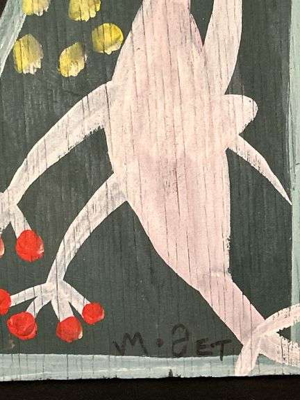 Original signed Mose T white Tiko bird Folk Art with signature soda can tab hanger…..9-3/4 x 13-1/4