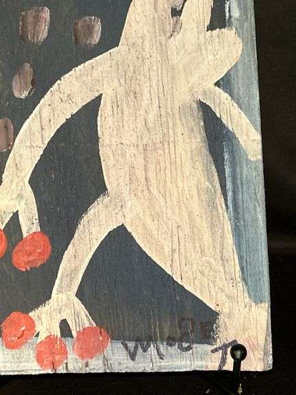Original signed Mose T white Tico bird  with reddish/orange toes Folk Art with signature soda can tab hanger…..6-3/4 x 13-3/4