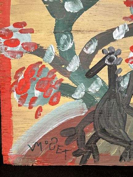 Original signed Mose T black Tiko bird under a blossoming tree Folk Art with signature soda can tab hanger…..7-3/4 x 14-1/2