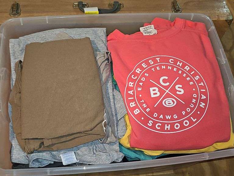 Tub of ladies t-shirts and sweatshirts. Size medium.