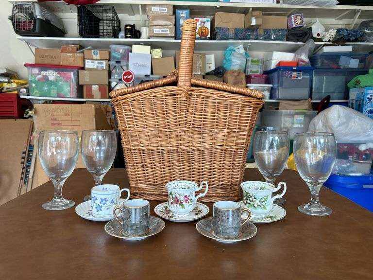 Picnic basket with 4 teacup sets and 4 Libbey wine glasses…..perfect for a child’s tea party/picnic or for an adult cheese/wine picnic