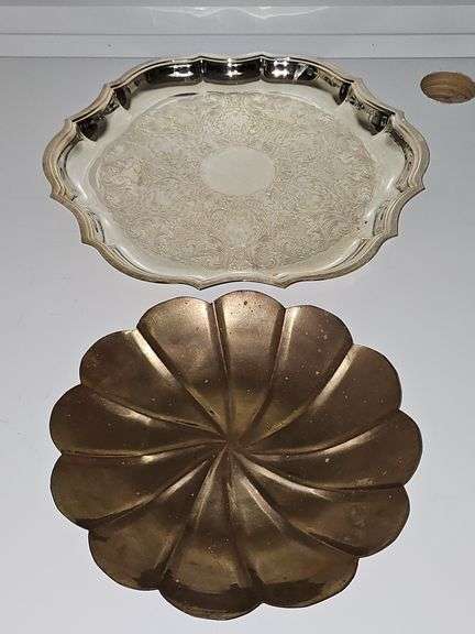 5 silver plate items. Chip and dip, Trey, nut and mint containers. Brass floral tray.