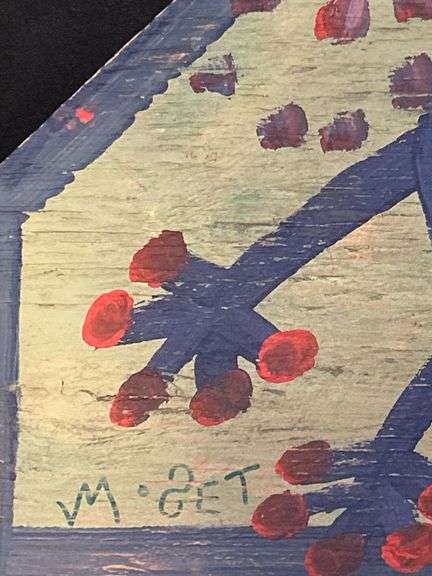 Original signed Mose T blue Tico bird/dino Folk Art with signature soda can tab hanger…..11-1/2 x 15-1/4