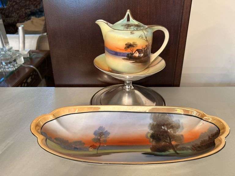 3-piece set of Noritake porcelain…..serving tray, creamer and under tray…..silverplate compote NOT INCLUDED
