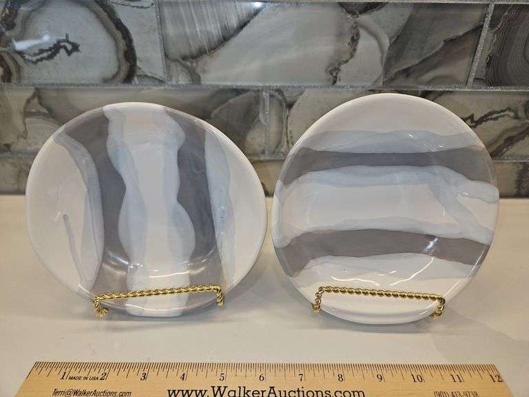 Pair of Beautiful Alex Marshall Handmade Stoneware 6" Classic or Urban Round Bowls in Grey-White Stripe SEE DESCRIPTION FOR DETAILS...