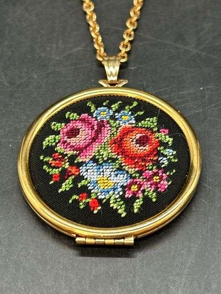 Long Avon locket necklace with tapestry design on locket in original box