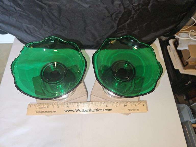 Pair of Gorgeous Vintage Sterling Cement Filled Pedestals/Candle Holders w/Green Glass Candy Dishes 528.6 total grams...