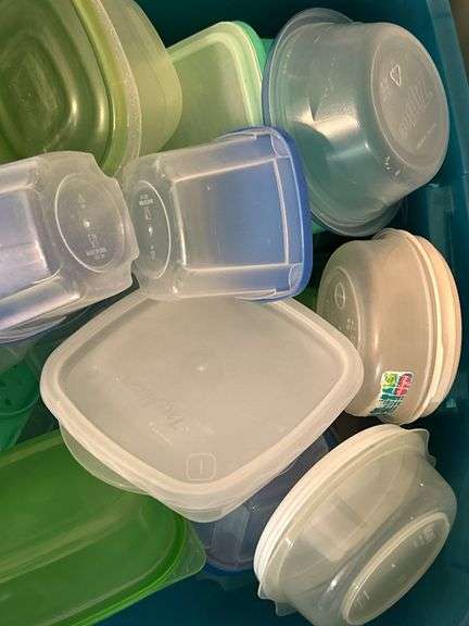 Tote full of plastic storage bowls