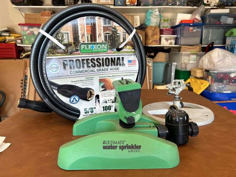 Selection of NEW 5/8” inside diameter 100’ professional grade water hose and (2) sprinklers