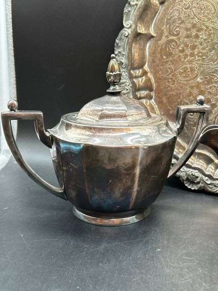 Selection of heavier silverplate items…..makers include Derby Silverplate Co., Victor Silver Co., tray is unmarked….all need polished