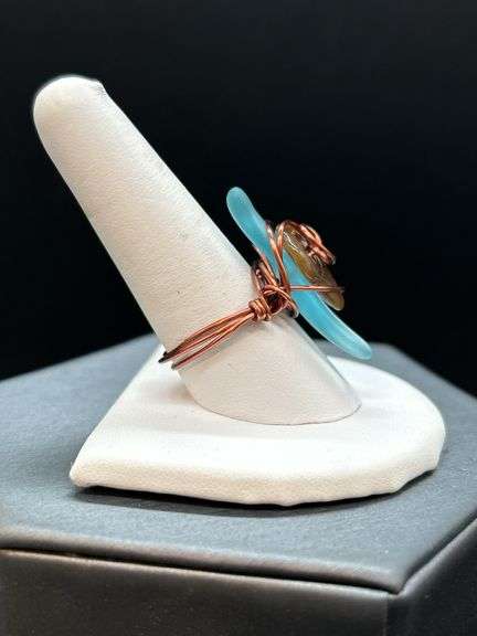 Uniquely designed copper wire ring with blue & brown stone…..size 10