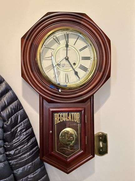 Waltham Regulator Schoolhouse 31 Day Chime Mechanical Wall Clock w/Key…..clock is not damaged but will not stop chiming and seller didn’t know how to fix so there is a pencil in place to stop chime…..approx. 28” tall
