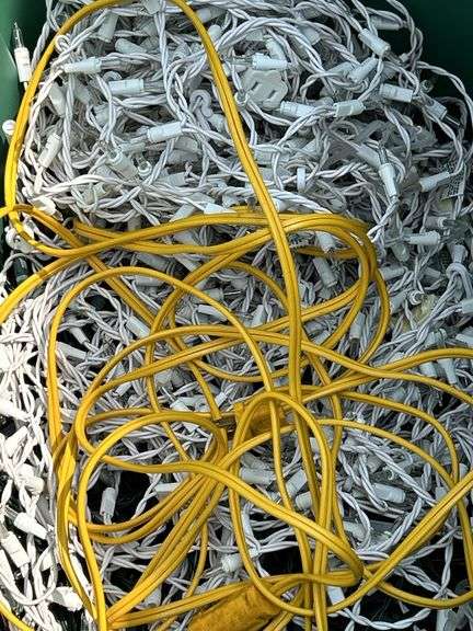 Tote of outdoor lights and extension cord