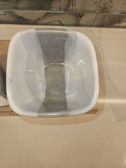 Pair of Beautiful Alex Marshall Handmade Stoneware 4" Square Bowls in Grey-White Stripe SEE DESCRIPTION FOR DETAILS...