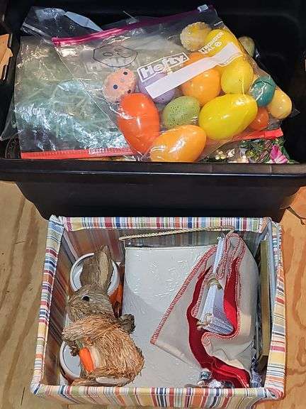 Two containers of decorative Easter items.
