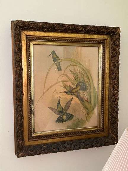 Vintage hummingbird print in faux wood decorative frame (1 blemish on bottom right corner)…..19-1/2 x 23 image