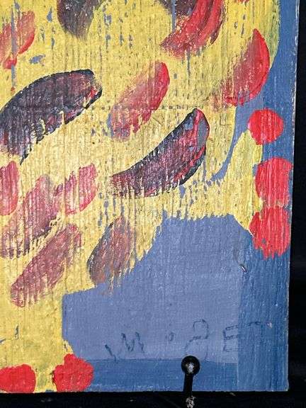 Original signed Mose T chunky yellow frog Folk Art with signature soda can tab hanger…..10 x 10-1/2