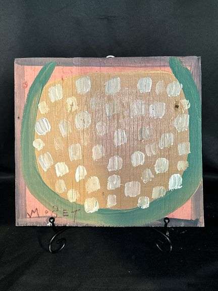 Original signed Mose T dark yellow meat watermelon Folk Art with signature soda can tab hanger…..10-2/4 x 9-1/4