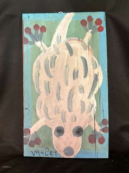 Original signed Mose T chunky pinkish/white frog Folk Art with signature soda can tab hanger…..9 x 15-1/2