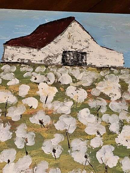 Old barn in a cotton patch. Original painting on canvas. 20x16 in.