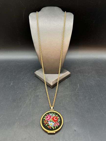 Long Avon locket necklace with tapestry design on locket in original box