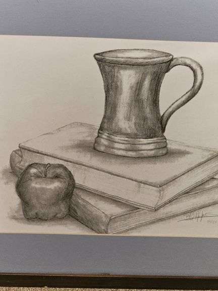 Signed pencil art of books and apple