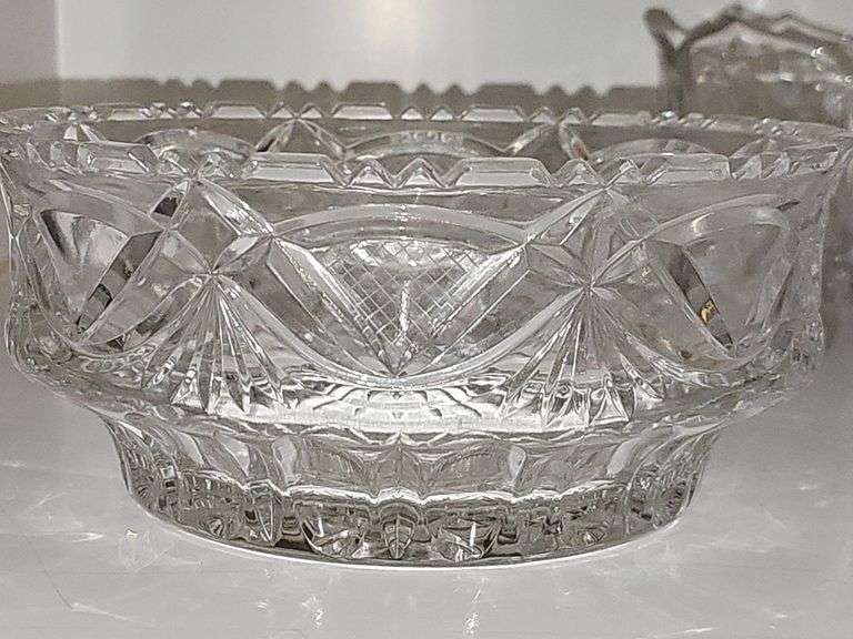 8.5 in crystal bowl, 7.5 in crystal lotus bowl, 6-in crystal ice bucket with tongs.