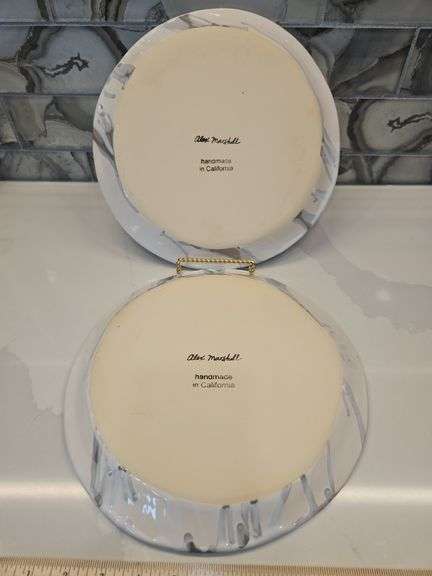 Pair of Beautiful Alex Marshall Handmade Stoneware 11" Slim Round Dinner Plates in Grey-White Stripe SEE DESCRIPTION FOR DETAILS...