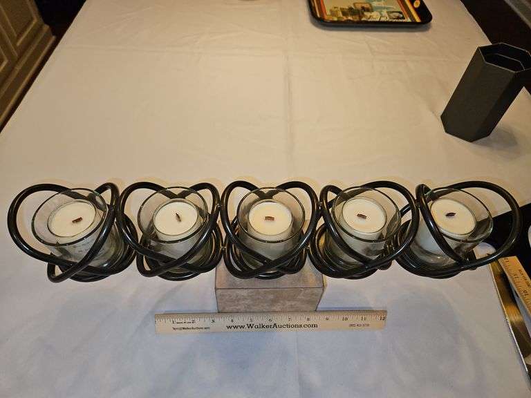 NEW Iron candle holder 20.25" wide w/5 Live My Home wood wick votives in different scents...