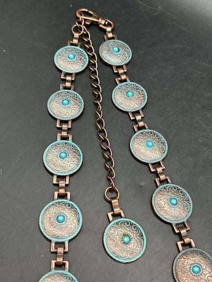 Great looking ladies copper and turquoise medallion belt…..adjustable for waist size