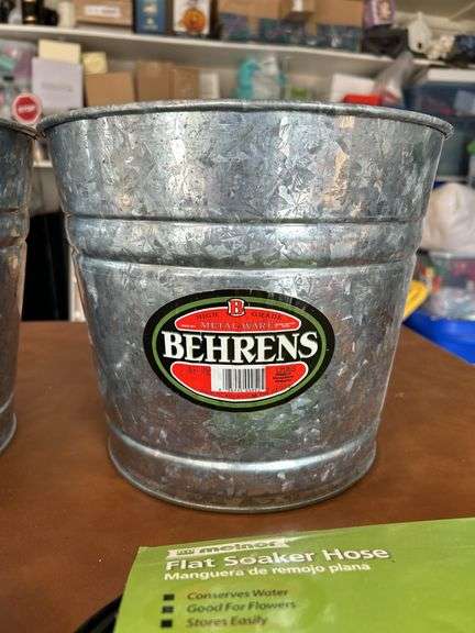 (2) like new Behrens 10 qt galvanized buckets, like new enamel wash bowl and NEW 75 ft. flat soaker hose