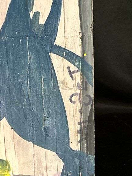 Original signed Mose T blue Tico bird was th greenish/yellow toes Folk Art with signature soda can tab hanger…..6 x 10