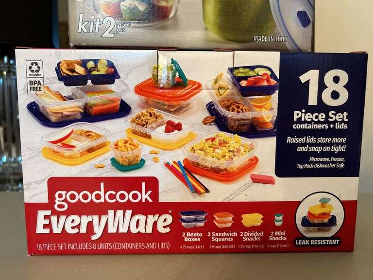 (2) NIB sets…..GoodCook EveryWare 18-pc food storage set and Frigoverre Plus Clik Clak System food storage set
