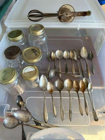 Selection of various silverplate flatware (mostly Community plate and needs polished), canning jar and vintage handheld mixer