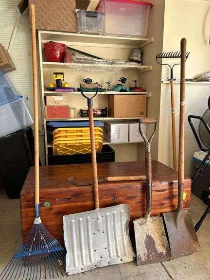 (5) pieces of lawn & garden tools….rake, snow shovel, sickle, 2 shovels…..OTHER CONTENTS NOT INCLUDED