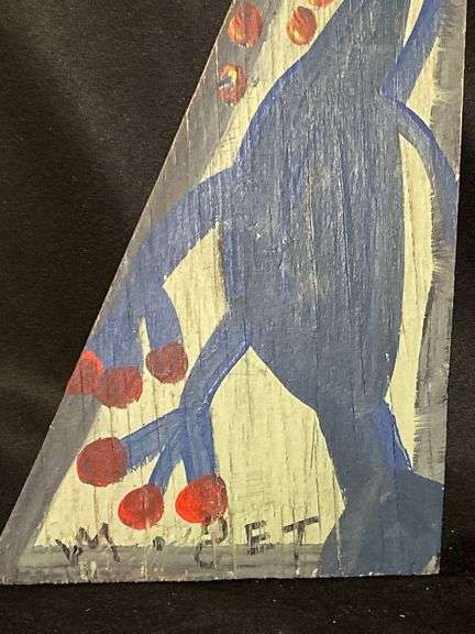 Original signed Mose T blue Tiko bird Folk Art with signature soda can tab hanger…..6 x 13-1/4