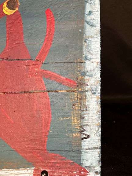 Original signed Mose T red Tico bird Folk Art with signature soda can tab hanger…..9 x 9