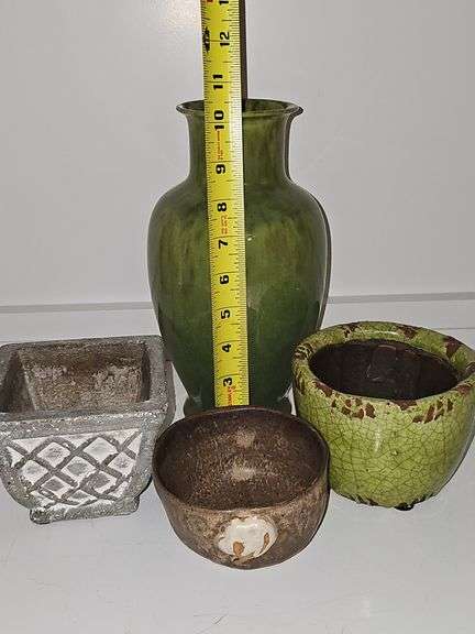 Miscellaneous pottery pieces. Green vase is Haeger pottery, cotton bowl is by Oxford candle Company, other two are unmarked.