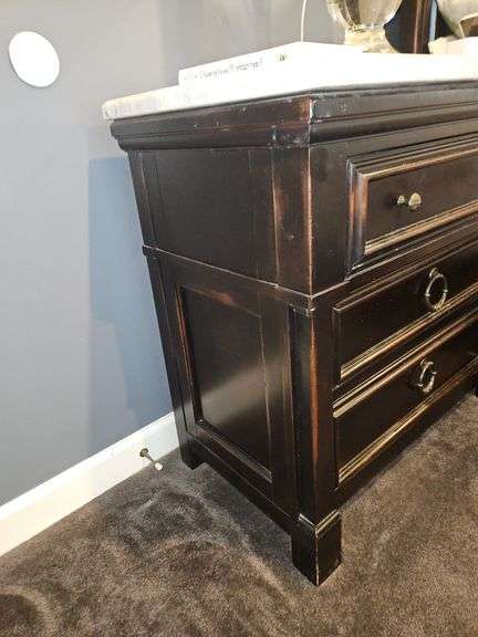 Super 3-drawer side chest by Bernhardt Furniture w/marble top 36 x 20 x 33.25 in very good condition CONTENTS IN AND ON TOP NOT INCLUDED...