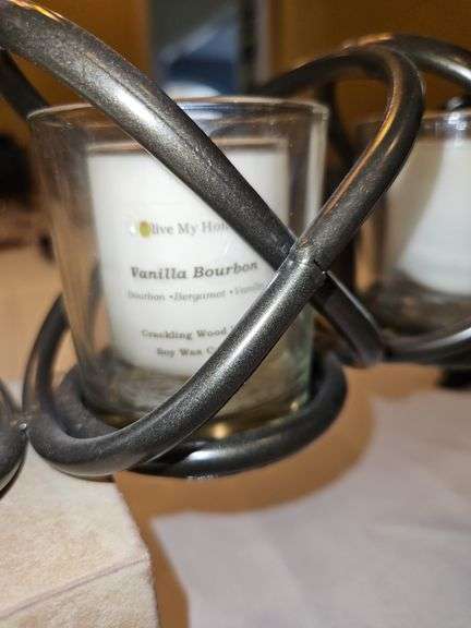 NEW Iron candle holder 20.25" wide w/5 Live My Home wood wick votives in different scents...